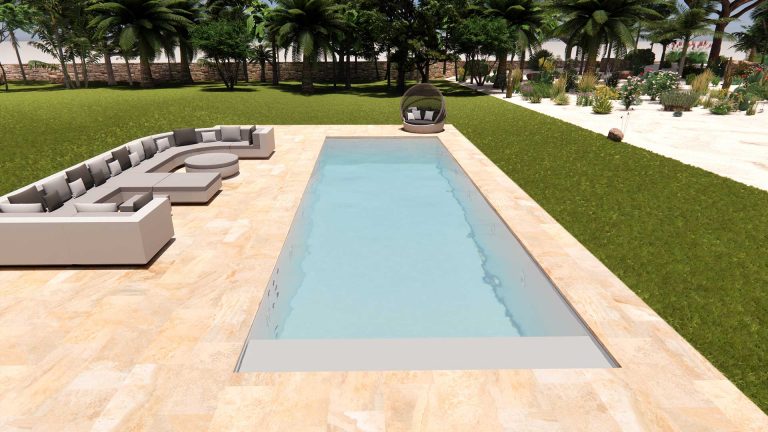 Poolfarbe: Silbergrau | Boden: Naturstein in Beige