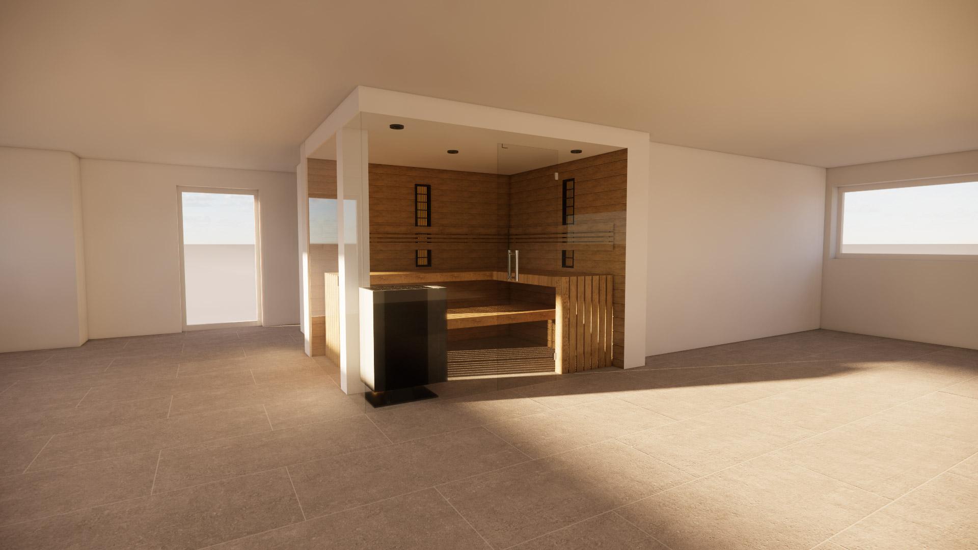 Freistehende Kabine mit Design-Saunaofen