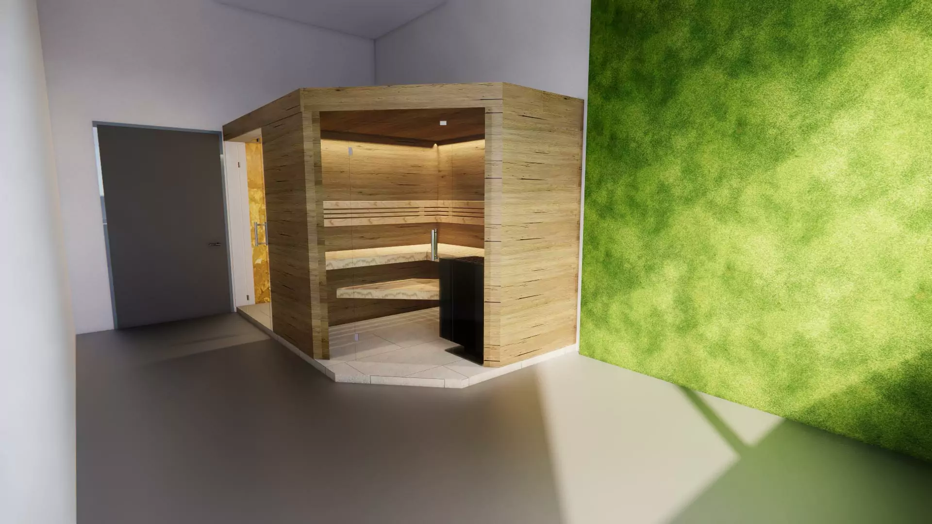 Großzügige Sauna mit fünfeckigem Grundriss