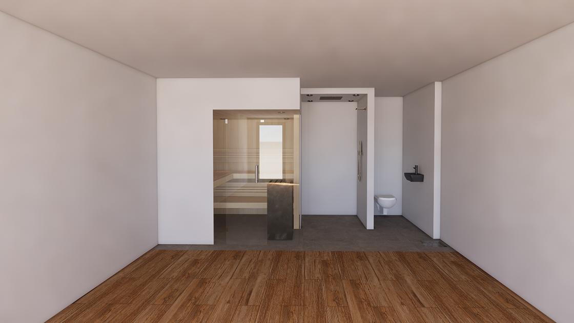 Visualisierung einer Raumaufteilung: Sauna links | Dusche und WC rechts