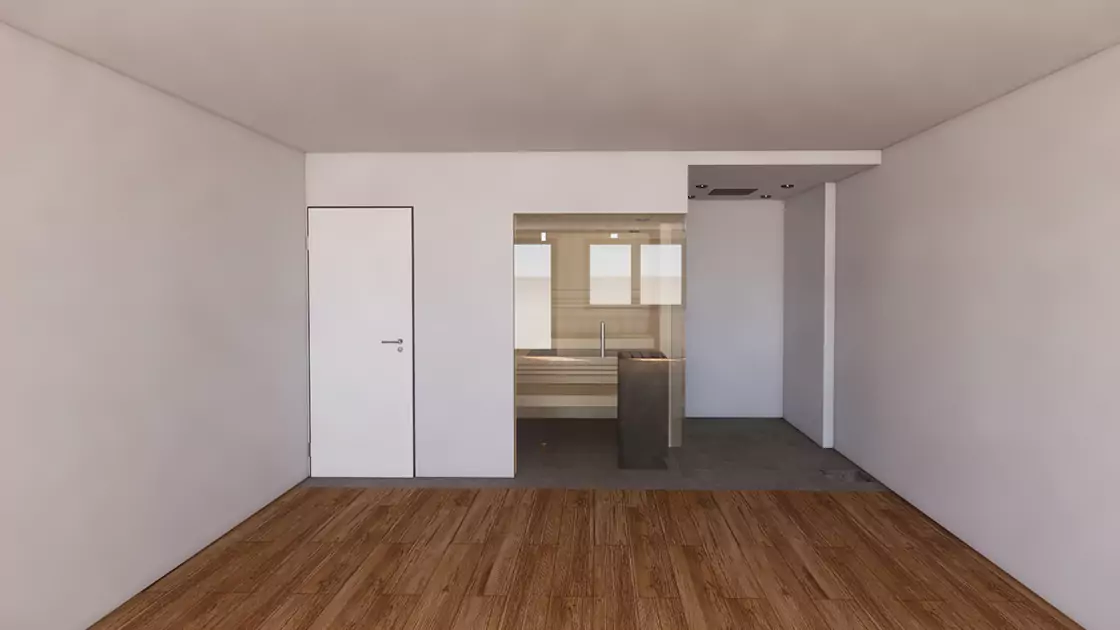 Visualisierung einer Raumaufteilung: Sauna mittig | Dusche rechts | WC links
