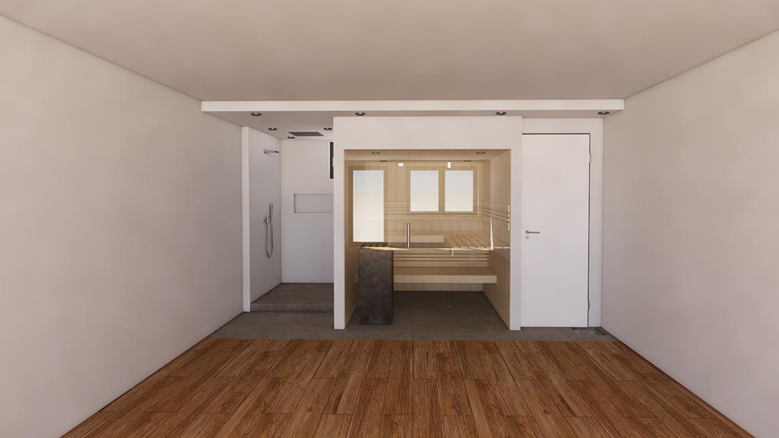 Visualisierung einer Raumaufteilung: Sauna mittig | Dusche links | WC rechts