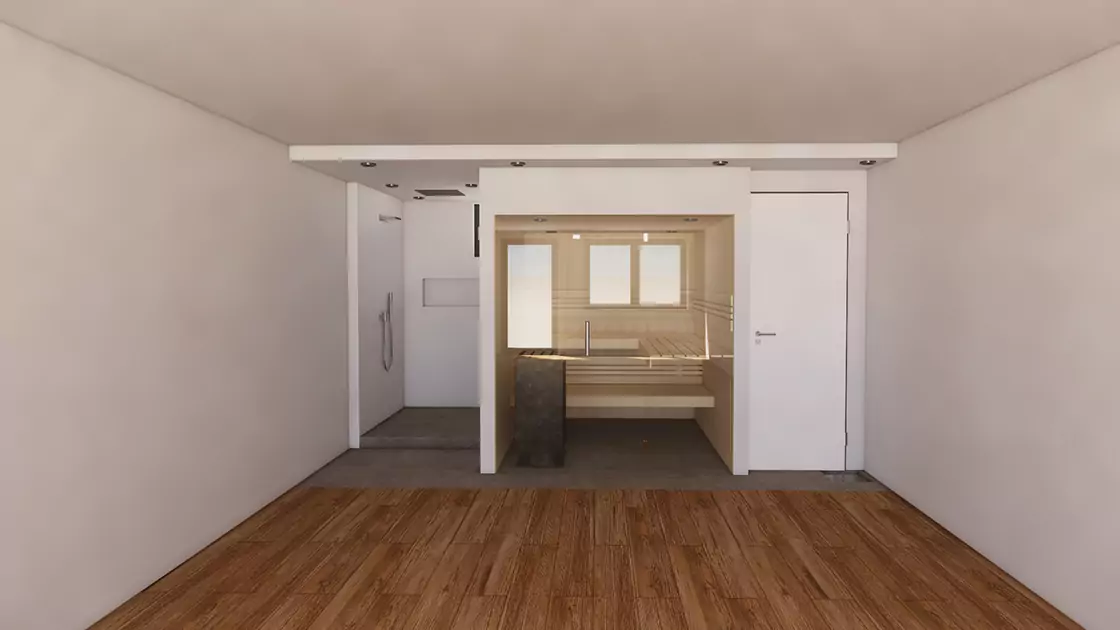 Visualisierung einer Raumaufteilung: Sauna mittig | Dusche links | WC rechts